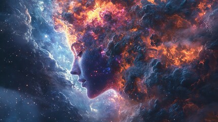 Obraz premium Beautiful young woman’s face blending with a vivid cosmic background of nebulae and stars symbolizing fantasy and dreaminess new beautiful stock image illustration AI