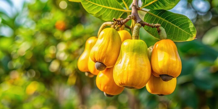 Close-up of ripe yellow cashew fruit on a tree in a tropical garden, cashew, caju, tropical, fruit, yellow, ripe, garden, tree