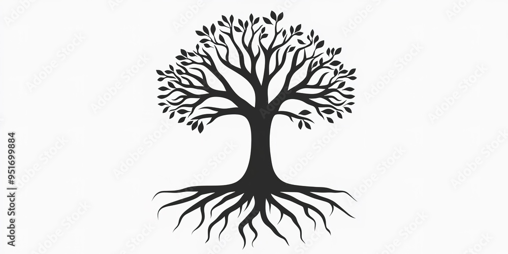 Poster tree with roots icon in outlines on white background