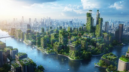 Obraz premium Panoramic aerial shot of a net-zero carbon smart city, where vertical gardens and futuristic skyscrapers shape the urban landscape. The cityscape includes innovative MICE freeform structures and
