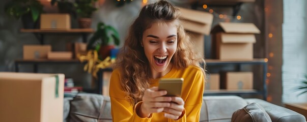Excited Young Woman Checking Her Phone Amidst Delivered Packages from Online Shopping