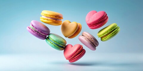 Obraz premium Colorful heart-shaped macaron cake floating in the air, isolated on a background , heart-shaped, macaron, cake, colorful