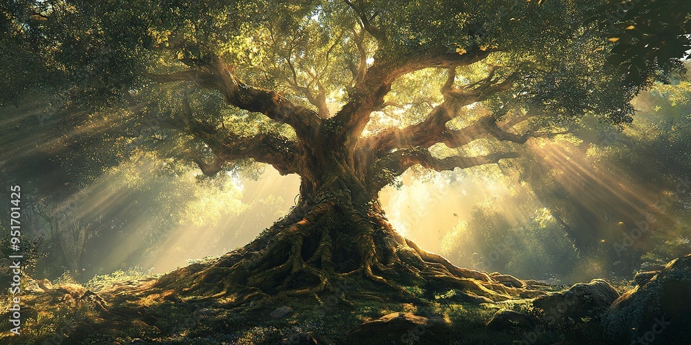 Poster an ancient, twisted tree with sprawling roots and branches that resemble the tree of life symbol. th