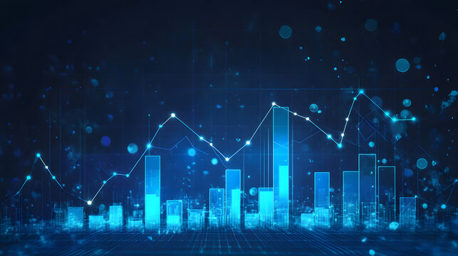 A blurred background with a blue finance graph and investment bar, showcasing growth and success in the market with technology currency reports chart. Business stock world economy AI computer