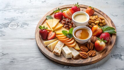 A light snack plate with honey, jam, nuts, apple, cheddar, strawberry, and milk glaze , snack, plate, honey, jam, nuts, apple