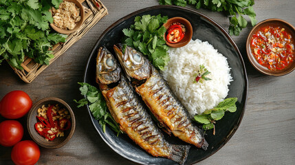 A rustic serving of Thai fried fish with garlic and chili, accompanied by a side of jasmine rice and fresh herbs, top view.
