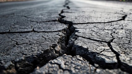 Close-up view of a cracked asphalt road surface.