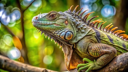 Obraz premium Iguana camouflaged on a tree branch, reptile, wildlife, nature, tropical, green, lizard, climbing, scales
