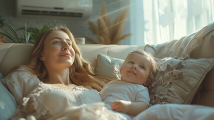 Mother and child enjoying a relaxing moment together in a sunlit room with air conditioning keeping them cool