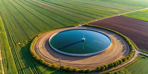 Aerial view of a water tank (pool) for irrigation in agriculture , agriculture, water tank, pool, irrigation
