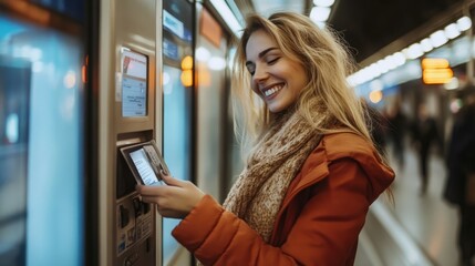 Young woman smiles as she uses a ticket machine.