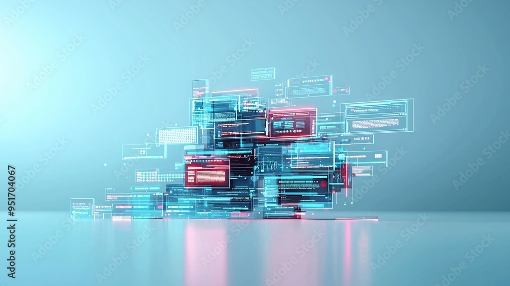 Poster futuristic 3d web components floating in a virtual space, innovative web design concept, cutting-edg