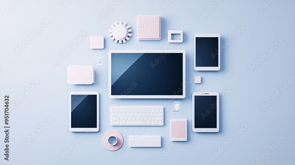 Poster responsive website design displayed on multiple devices, cross-platform compatibility, modern web de
