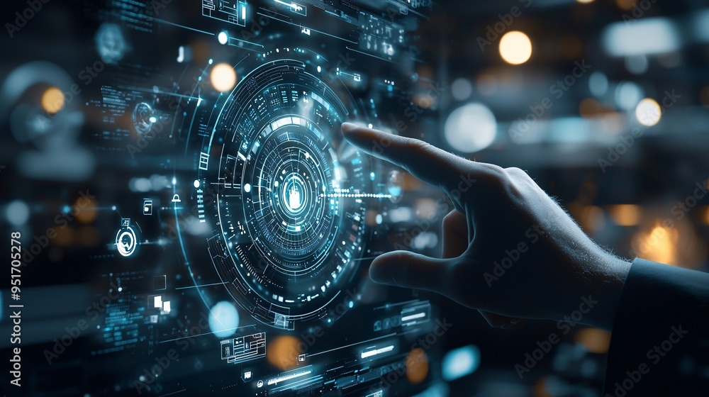 Poster futuristic holographic interface showing website analytics, data-driven web design, advanced tech in