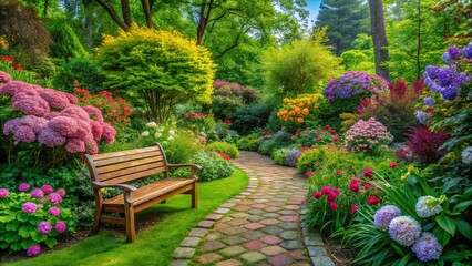 Obraz premium Vibrant backyard garden with blooming flowers, lush shrubs, towering trees, stone path, wooden bench
