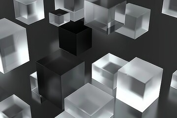 Abstract translucent cubes, black and white, floating geometric shapes, modern design, minimalistic, high contrast, 3D rendering 