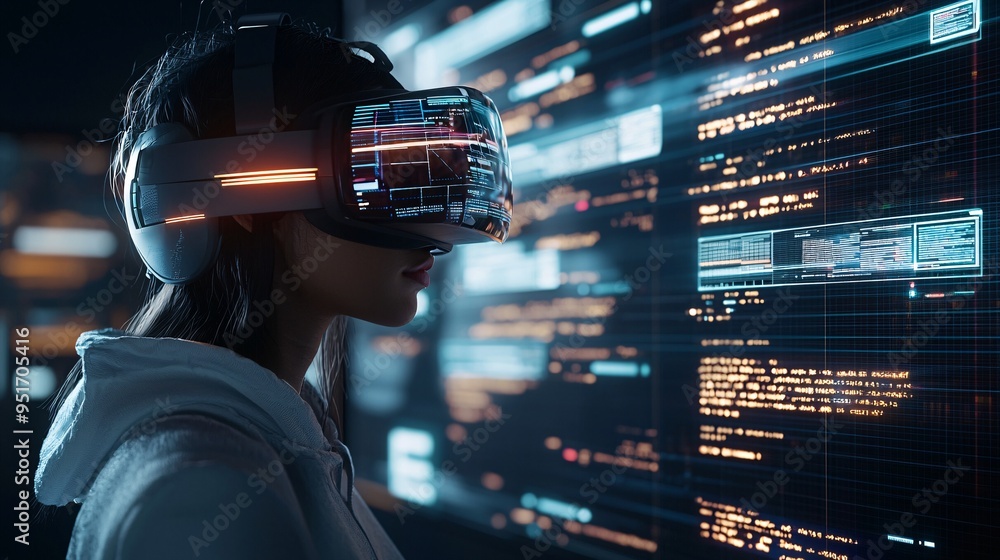 Poster virtual reality scene of a user building a website in a 3d environment, immersive web development co