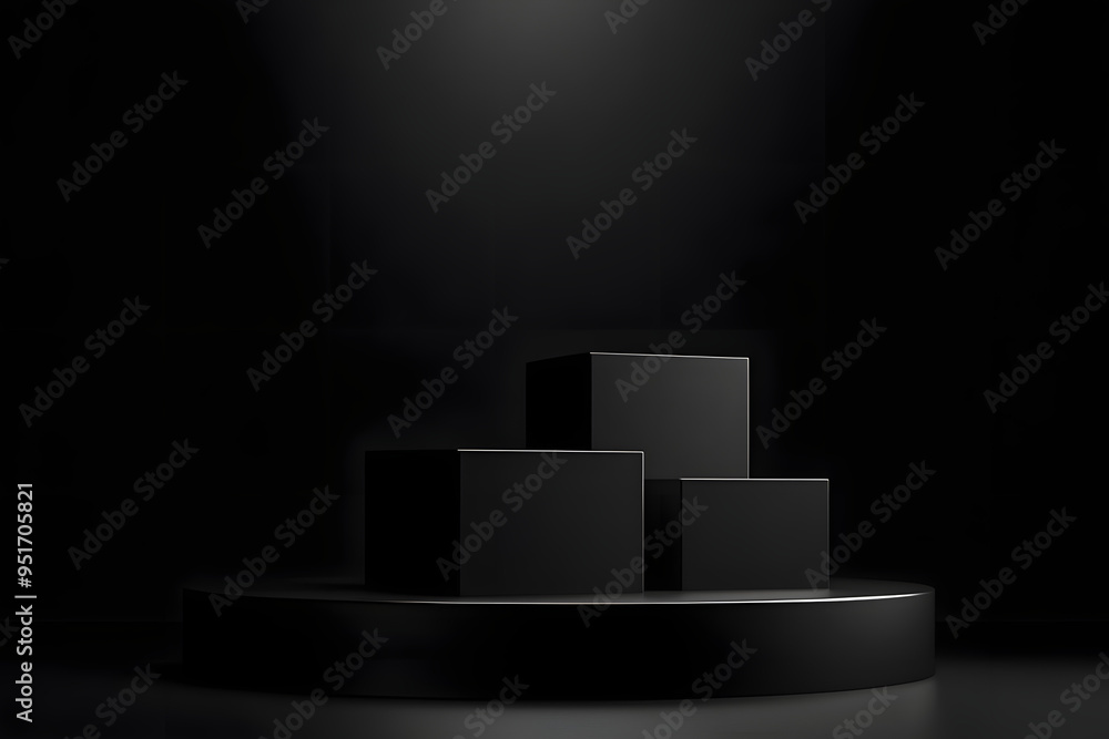 Poster black podium stage empty cube background spotlight 3d pedestal space stand of blank product display 