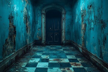 Obraz premium A creepy hallway in an abandoned hospital, perfect for Halloween-themed projects or haunted house designs, with copy space.