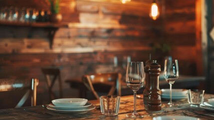 rustic dining scene with weathered wooden table in foreground warmtoned wooden wall as backdrop soft lighting creates inviting atmosphere for intimate gatherings or farmhousestyle decor