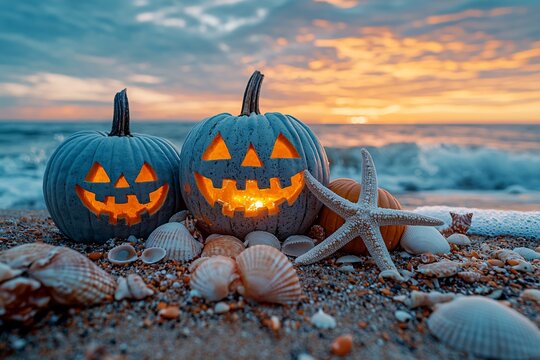 Halloween-themed pumpkins on a beach with seashells and starfish at sunset. Perfect for Halloween promotions, decor, and events with copy space.