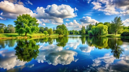 Obraz premium Serenity at a peaceful summer park with a reflection of the sky in the tranquil lake, park, summer, lake, sky, reflection