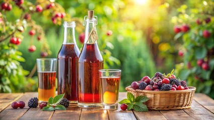 Obraz premium Bottles and a glass of blackberry-flavored apple cider on a garden background, shallow focus, blackberry, apple cider