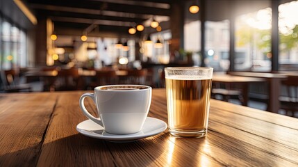Obraz premium Coffee in white cup on wooden table in cafe