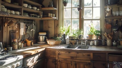 rustic farmhouse kitchen sundappled reclaimed wood vintage cookware herb garden window cozy breakfast nook warm natural light homey atmosphere