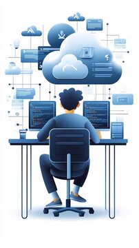 Full-stack developer working on cloud integration, coding in the background, modern software development process.