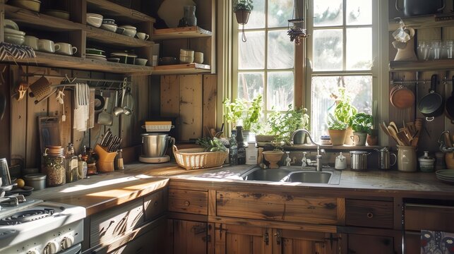 rustic farmhouse kitchen sundappled reclaimed wood vintage cookware herb garden window cozy breakfast nook warm natural light homey atmosphere