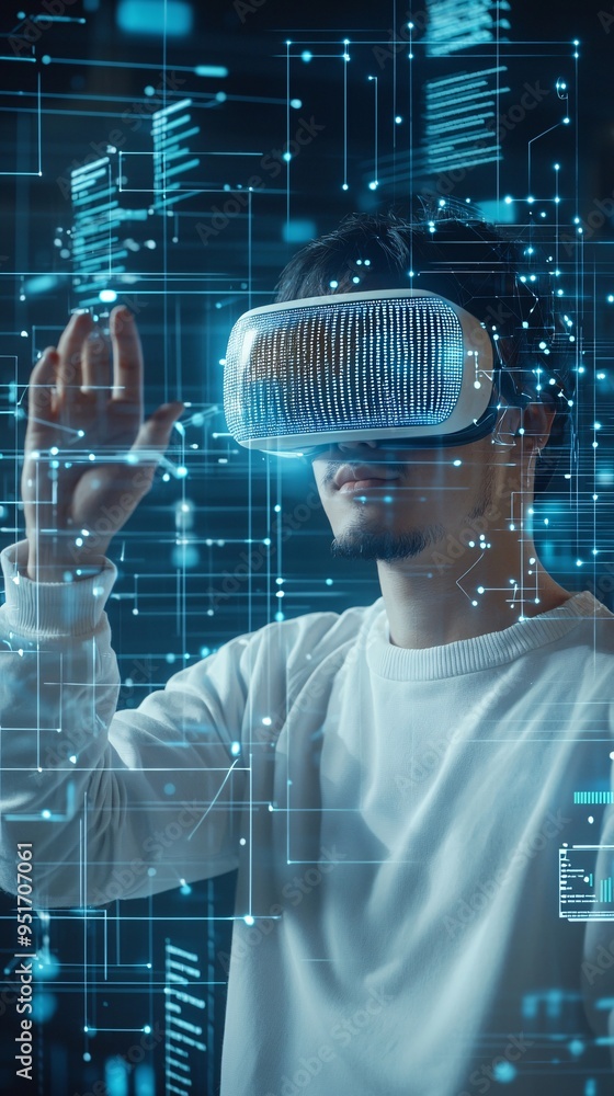 Poster vr headset user interacting with a 3d website model, futuristic web development concept, immersive d