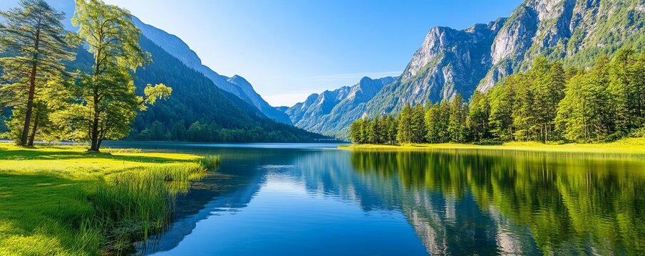 Serene lake surrounded by towering mountains, peaceful and reflective landscape at the golden hour