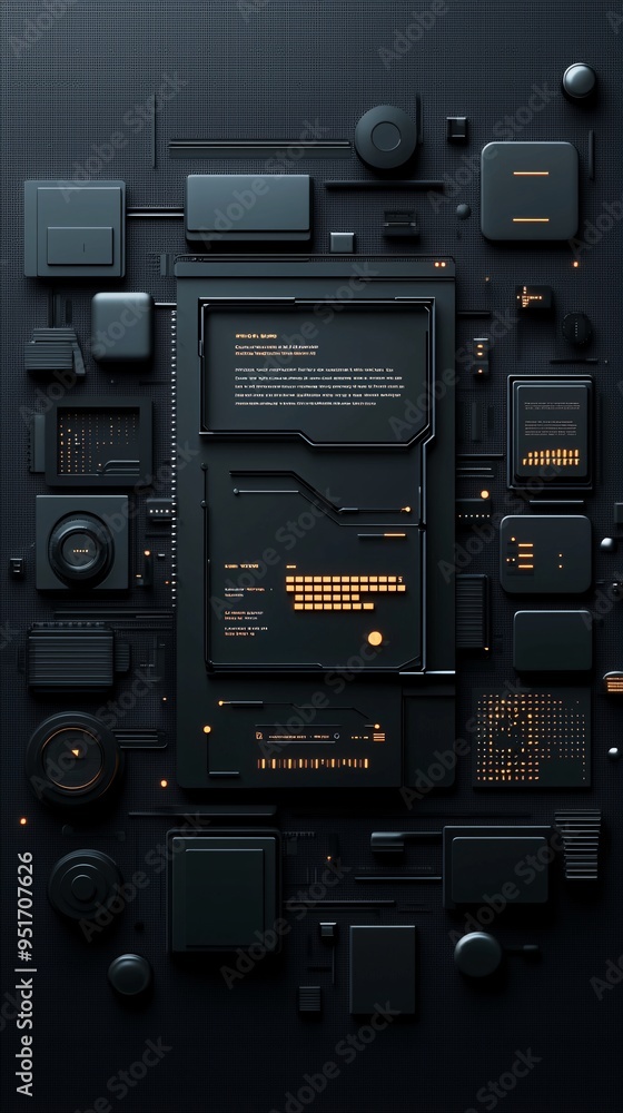 Aufkleber dark mode website layout with glowing elements, trendy web design aesthetic, modern ui/ux concept.