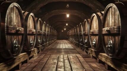 rustic wine cellar with rows of oak barrels stretching into shadowy depths soft warm lighting highlights the rich wood grain and creates an atmosphere of timeless craftsmanship and tradition