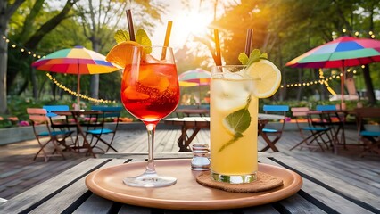 Two glasses with different summer refreshing cocktails on the table of a summer cafe in the park. Aperol syringe and lemonades.