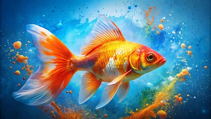 Fototapeta premium Vibrant goldfish on blue background with paint splatter