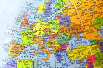 Fragment of a geographical globe with European countries and seas