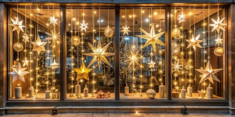 Obraz premium Festive storefront window display with twinkling stars and fairy lights, symbolizing celebration and hope