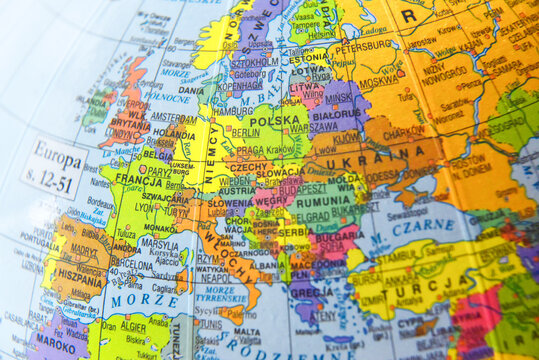 Fragment of a geographical globe with European countries and seas