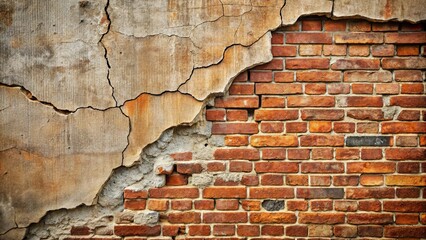 Cracked and damaged brick wall with chipped plaster, showing a shattered cement surface