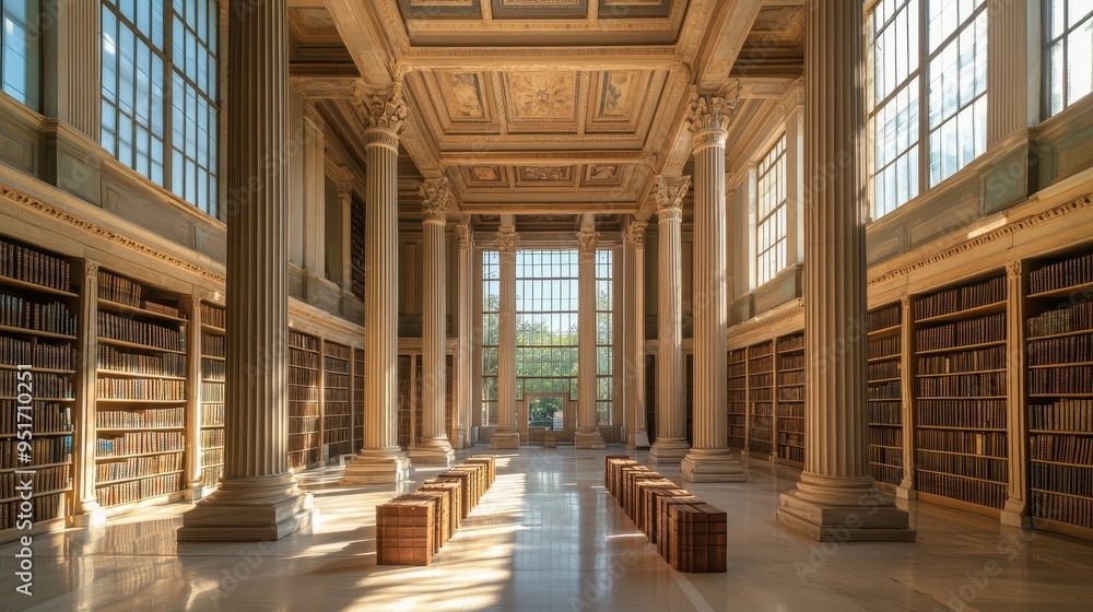 Poster a spacious library with tall columns, large windows, and rows of bookshelves.