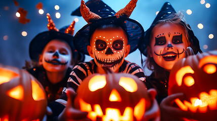 Three children dressed in Halloween costumes are joyfully showcasing their carved pumpkins. The backdrop features glowing lights, enhancing the celebratory mood