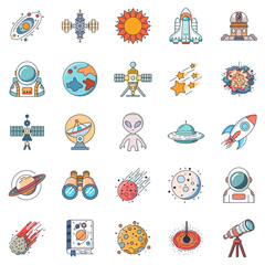 astronomy icons set, Included icons as Asteroid, Binoculars, Satellite, Rocket and more symbols collection, logo isolated vector illustration