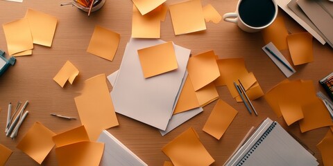 A Cluttered Desk with Scattered Papers, Sticky Notes, and Office Supplies