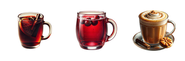Autumn-themed set of three hot beverages including mulled wine, cranberry tea, and pumpkin spice latte in glass mugs with cinnamon and star anise on white background.