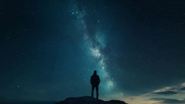 A solitary man standing on a rocky outcrop, gazing up at a breathtaking night sky filled with stars