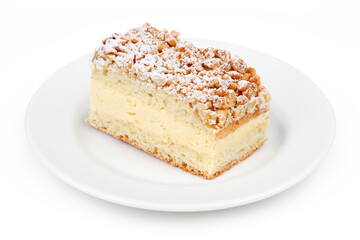 Slice of Creamy Crumble Cake on Plate