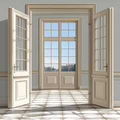 Sunlit French Doors. Open French doors leading to a sunlit room, showcasing a bright, airy interior with a scenic view.