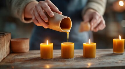 Hands Pouring Melted Beeswax into Candle Molds